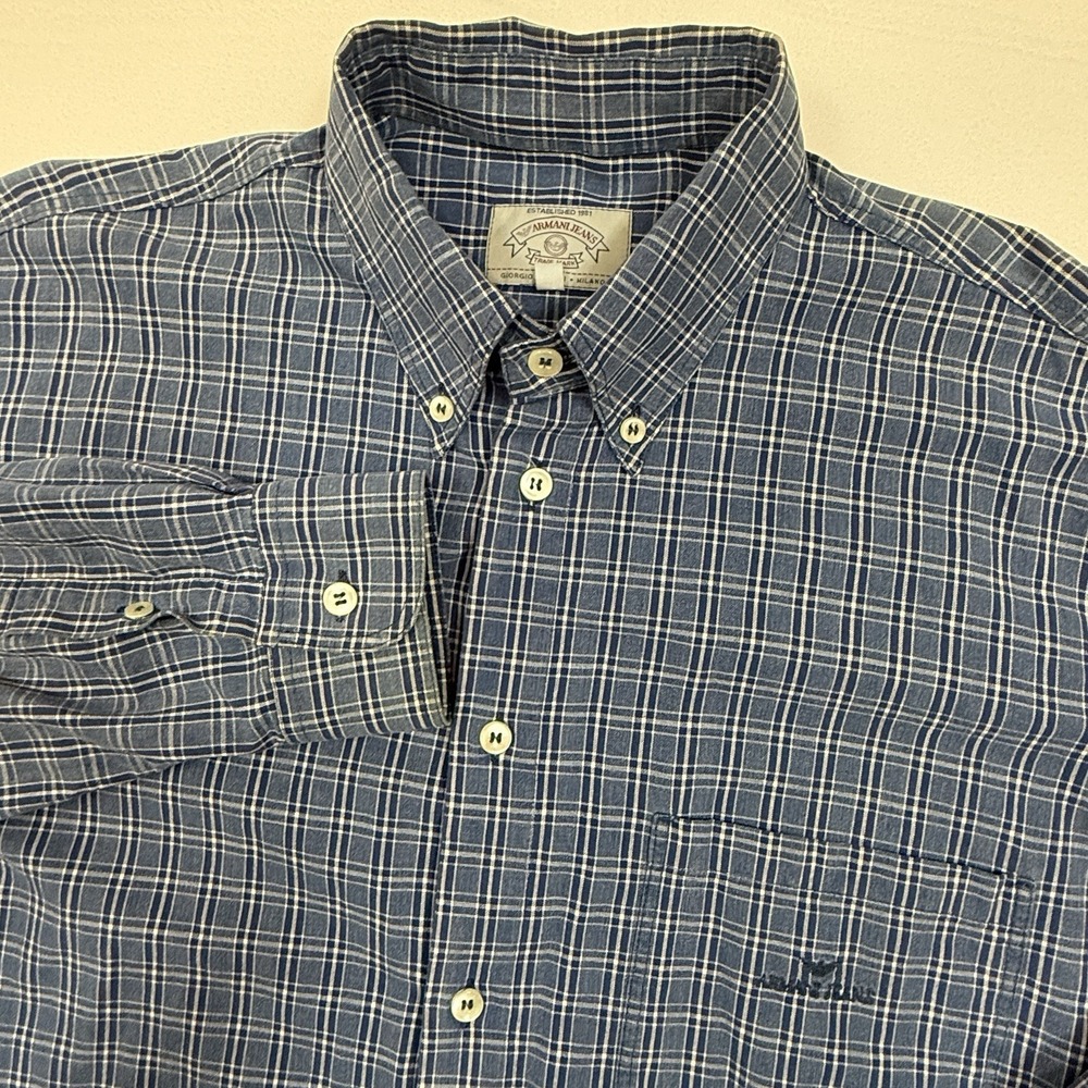 Vintage Armani Jeans Made In Italy Mens XL Blue Plaid Button Down Shirt Cotton‎